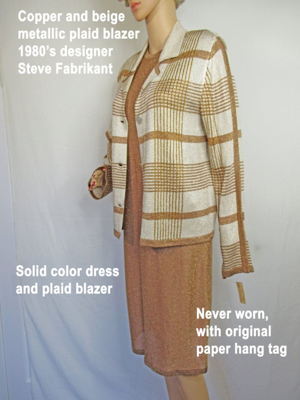 NWT Sz S Steve Fabrikant metallic Knit set, Zip back dress, Button front blazer